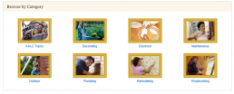 The photo shows a screen capture of the site's homepage. There is a white background with several colorful pictures of various home improvement projects.