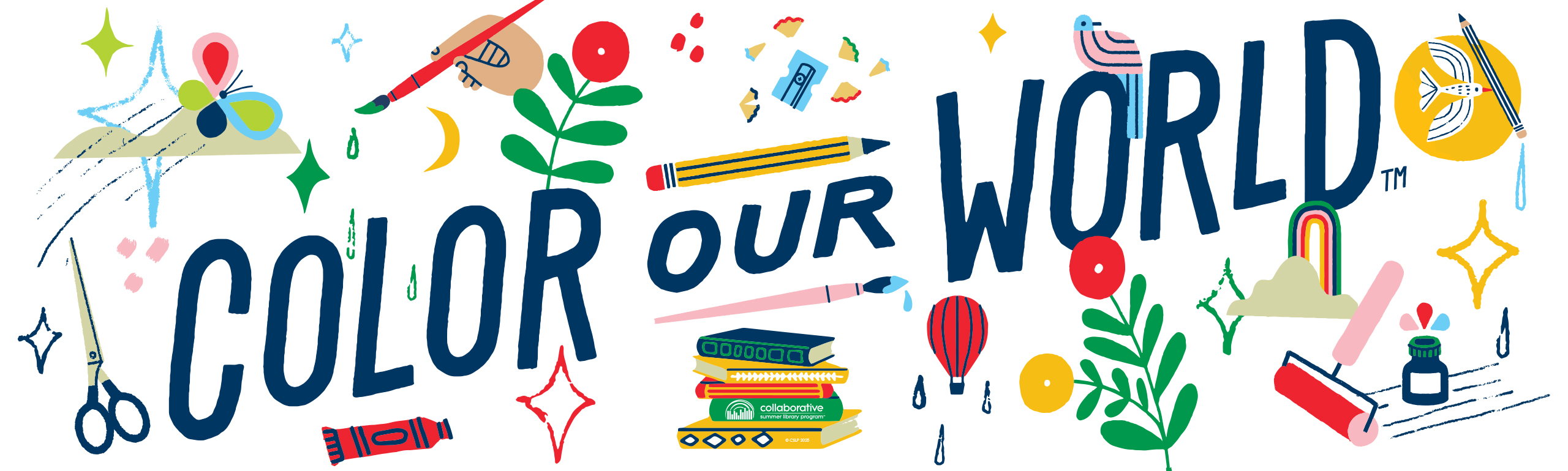 A bright banner gives the theme of this year's summer reading program called color our world. There are many different cartoon items of art utensils.