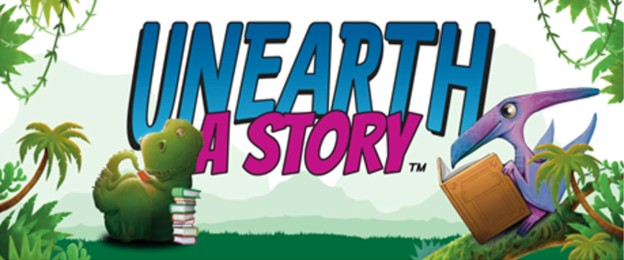Cartoon dinosaurs holding books in a jungle setting with the slogan unearth a story in the background.