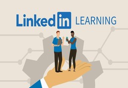 The image says Linked In Learning and shows a picture of two people talking while standing on a hand.