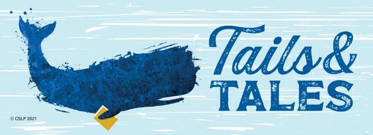2021 Summer Reading Banner. A blue whale against a blue background.