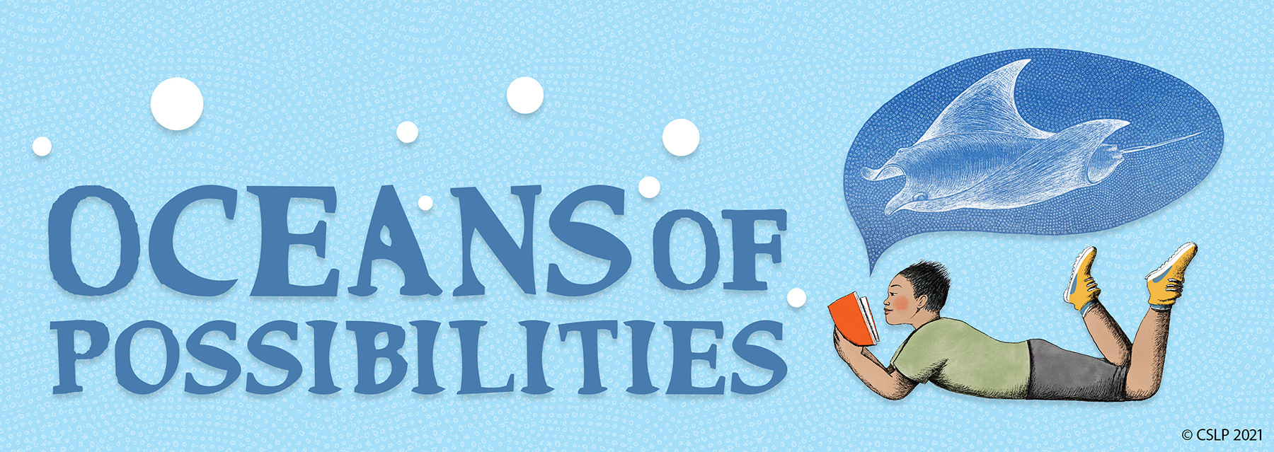 Summer Reading 2022 Oceans of Possibilities Banner. The banner shows a man laying on is stomach, reading a book, surrounded by water.