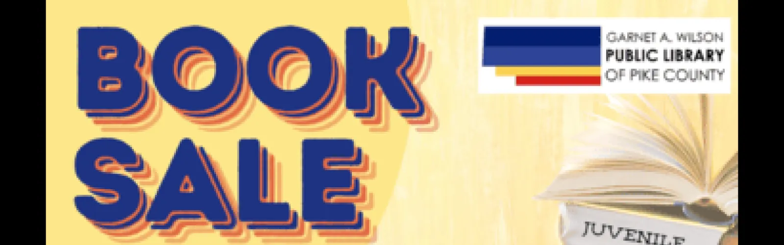 Book Sale in blue letters on yellow background with the library logo in the upper right corner. Stack of books with various items written on them.