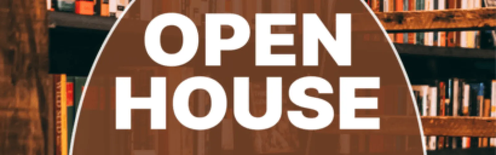 The words open house against a background of books.