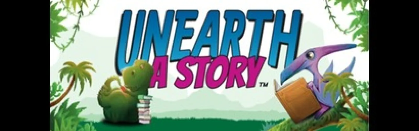 Two cartoon dinosaurs holding books in a jungle setting with the summer reading slogan Unearth a Story between them.