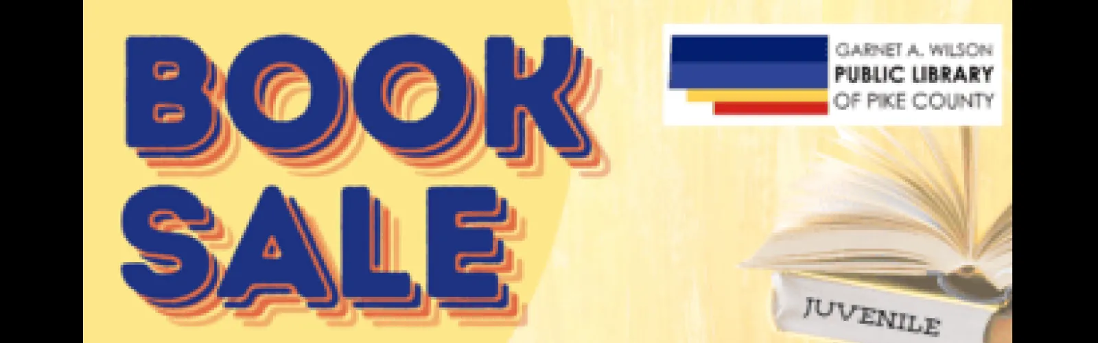 Book sale written in large blue text and a yellow background. The blue, yellow and red library logo with a book that says "juvenile"